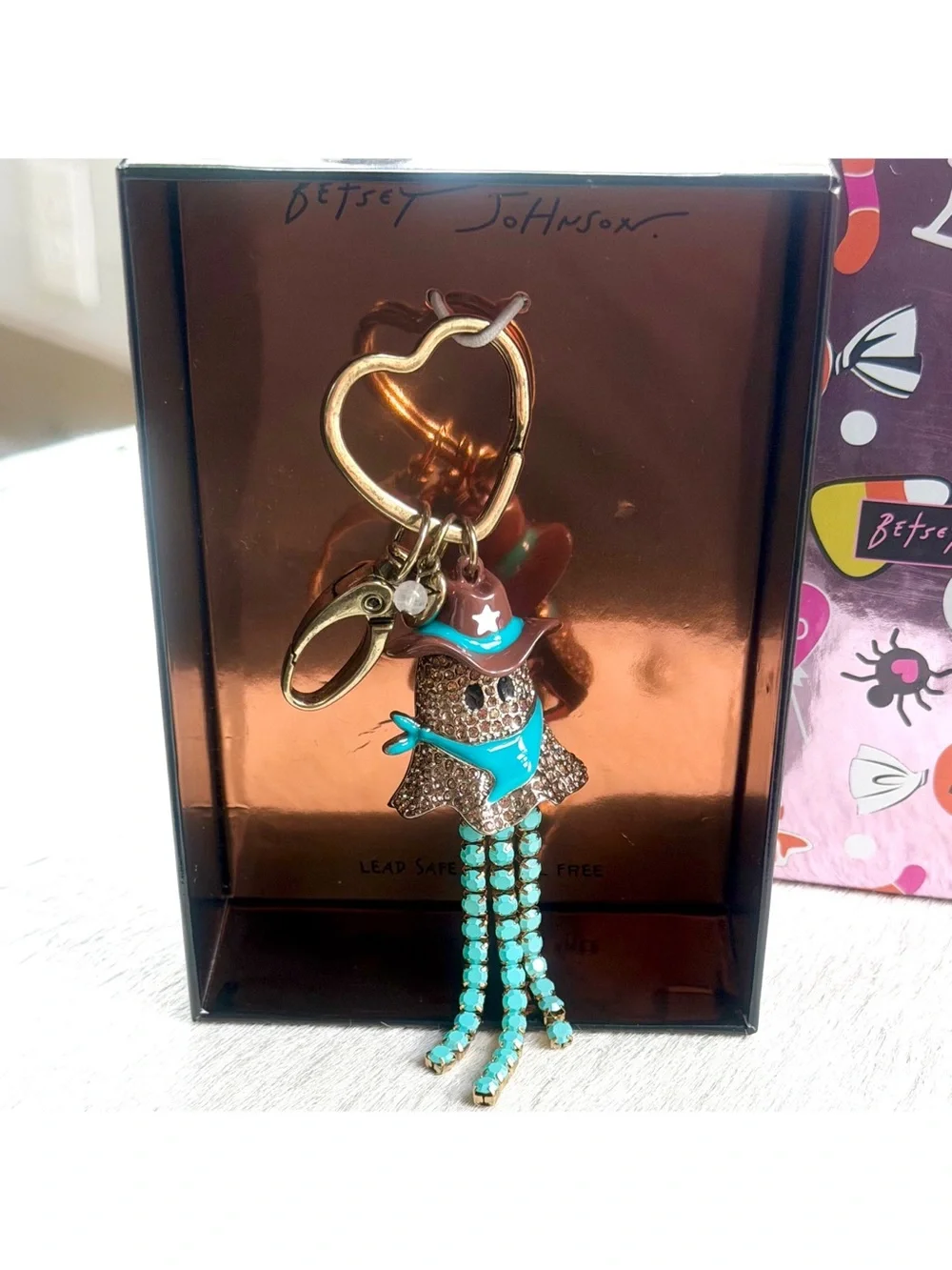 Betsey Johnson Ghost Cowboy Bag Charm Keychain Gold Crystal Turquoise Fringe NIB
